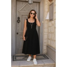 Arben Boutique Kadın Askılı Geometrik Yakalı Geniş Kesim Detaylı Ithal Krep Elbise