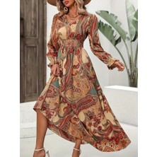 Arben Boutique Kadın Uzun Kollu V Yakalı Beli Lastikli Desenli Süprem Elbise