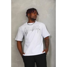 Kanonik Education Unisex Oversize Taşlı Bisiklet Yaka T-Shirt - Beyaz