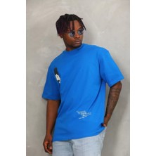 Kanonik Education Unisex Oversize Baskılı Bisiklet Yaka T-Shirt - Mavi
