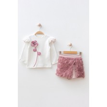 Miniğimin Cicileri 3D Gül Detaylı Kız Çocuk Şortetekli 2 li takım - Gül Kurusu
