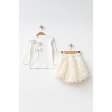 Miniğimin Cicileri 3D Çift Gül Detaylı Kız Çocuk Etekli takım - Krem