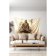 Samuray Savaşçısı Desenli Duvar Halısı Duvar Örtüsü Tapestry Süet Dokulu Kumaş