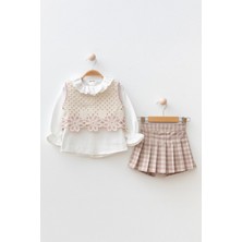 Miniğimin Cicileri Dantel Çiçek Detaylı Bluz ve Ekose Şortlu Kız Çocuk 3 lü takım - Pembe