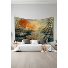 Moud's Sonbahar Nehir Manzarası Desenli Duvar Halısı Duvar Örtüsü Tapestry Süet Dokulu Kumaş