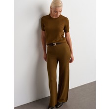 Dilvin 70163 Beli Lastikli Yünlü Triko Pantolon-Yağ Yeşil