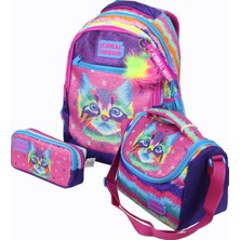 Coral High Ch 23477 Renkli Kedi - 3' Lü Okul Çantası Seti - Sırt ve Beslenme Çantası + Kalemlik