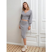Mesga Butik Kruvaze Şardonlu Etekli Takım Gri