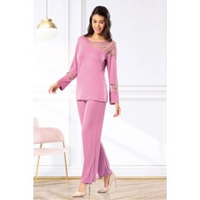 Faal 8617 Kadın Uzun Kollu Dantel Detaylı Pijama Takımı-Gülkurusu