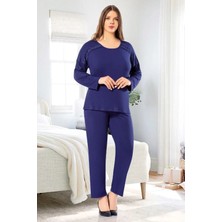 Faal 8809 Kadın Büyük Beden Uzun Kollu Dantel Detaylı Pijama Takım-Lacivert