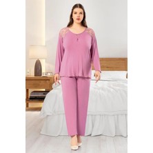 Faal 8804 Kadın Büyük Beden Uzun Kollu Dantel Detaylı Pijama Takım-Gülkurusu