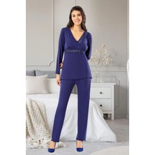 Faal 8613 Kadın Uzun Kollu Dantel Detaylı V Yaka Pijama Takımı-Lacivert