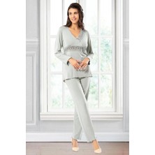 Faal 8614 Kadın Uzun Kollu Dantel Detaylı V Yaka Pijama Takımı-Gri