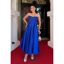 Giyimmasalı Tafta Saten Kumaş Straplez Midi Elbise - Saks Mavi