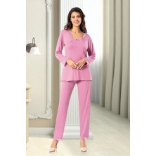 Faal 8608 Kadın Uzun Kollu Dantel Detaylı Pijama Takımı-Gülkurusu