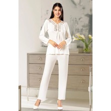 Faal 8611 Kadın Uzun Kollu Dantel Detaylı Pijama Takımı-Ekru