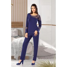 Faal 8616 Kadın Uzun Kollu Dantel Detaylı Pijama Takımı-Lacivert