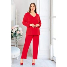 Faal 8806 Kadın Büyük Beden Uzun Kollu Pijama Takım-Kırmızı