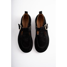 Selin Shoes Cassiel Hakiki Deri Gold Ayarlanabilir Toka Detaylı Kadın Loafer- Siyah Süet