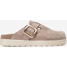 Dericlub Kadın Önü Kapalı Tokalı Sabo Günlük Terlik Gerçek Deri Zy 4000 Süet Bej