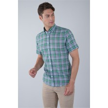 Bisse Regular Fit Paşa Yaka Yeşil Desenli Pamuk Keten Erkek Gömlek GMKTN3PS224006_D47