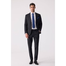 Ysf Erkek Siyah Slim Fit Çizgili %100 Yün Takım Elbise