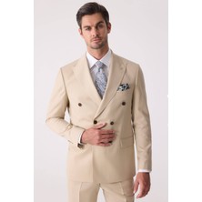 Ysf Erkek Krem Erkek Krem Slim Fit Yün Kruvaze Takım Elbise