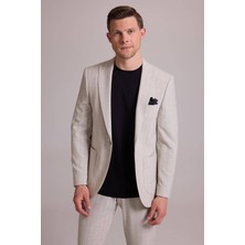 Ysf Erkek Bej Slim Fit Çizgili Tek Düğmeli Jogger Pantolonlu Takım Elbise