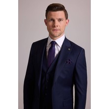 Ysf Erkek Lacivert Çizgili Slim Fit Yelekli Kırlangıç Yaka Takım Elbise