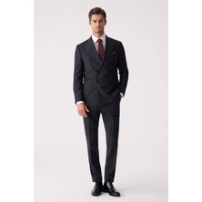 Ysf Erkek Lacivert Çizgili Slim Fit %100 Yün Çizgili Kruvaze Takım Elbise