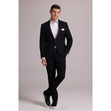 Ysf Erkek Siyah Slim Fit Çizgili Tek Düğmeli Jogger Pantolonlu Takım Elbise