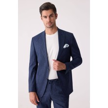 Ysf Erkek Mavi Slim Fit Çizgili Torba Cep Jogger Pantolonlu Sivri Yaka Takım Elbise