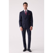 Ysf Erkek Lacivert Çizgili Slim Fit Kruvaze Takım Elbise