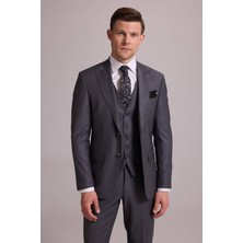 Ysf Erkek Gri Çizgili Slim Fit Çizgili Kırlangıç Yaka Yelekli Takım Elbise