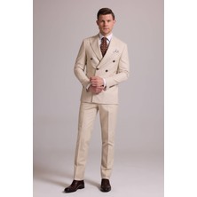 Ysf Erkek Krem Slim Fit Kruvaze Yün Takım Elbise