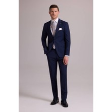 Ysf Erkek Lacivert Çizgili Slim Fit Mono Yaka %100 Yün Takım Elbise