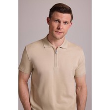 Ysf Erkek Bej Regular Fit Polo Yaka Fermuarlı Triko Tişört
