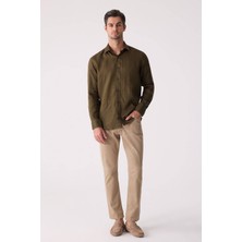 Ysf Erkek Haki Yeşil Slim Fit Klasik Yaka Keten Gömlek
