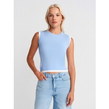 Dilvin 10784 Bisiklet Yaka Çift Görünümlü Triko Bluz-Mavi-Beyaz