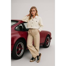 Blue White Kadın Ekru Crop Kesim Jean Ceket