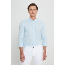 Altınyıldız Classics Erkek Açık Mavi Slim Fit Düğmeli Yaka Keten Görünümlü %100 Pamuk Flamlı Gömlek