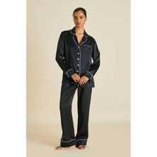 Huckberry Milena Premium Kadın Pijama Takımı Uzun Kollu İpek Saten Siyah - Beyaz Polo Yaka L