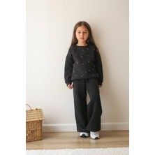 Kız Çocuk Inci ve Taş Detay Aplike Yıldız Desen 3 Iplik Şardonlu Sweatshirt Eşofman Alt Üst Takım