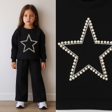 Lolli Boom Kids Kız Çocuk Inci ve Taş Detay Aplike Yıldız Desen 3 Iplik Şardonlu Sweatshirt Eşofman Alt Üst Takım
