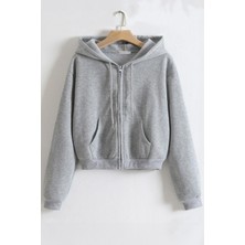 Ghassy Co. Kadın Pamuklu Crop Model Kanguru Cepli Sonbahar ve Ilkbahar Kapüşonlu Crop Sweatshirt