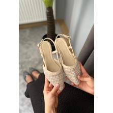 Kadın Bej Keten Arkası Acık Sivri Burun Günlük Babet