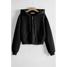 Ghassy Co. Kadın Pamuklu Crop Model Kanguru Cepli Sonbahar ve Ilkbahar Kapüşonlu Crop Sweatshirt