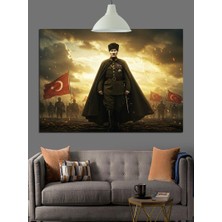 Bayraklar Önünde Askeri Atatürk Dekoratif Kanvas - Mdf Ahşap Tablo