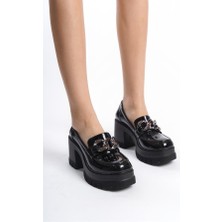 Kadın Siyah Rugan 8 cm Topuklu Platformlu Ayakkabı