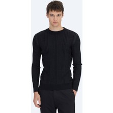 Siyah Bisiklet Yaka Jakarlı Yün Karışımlı Triko Kazak